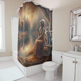 A Native Indian woman and her loyal wolf companion Shower Curtain
