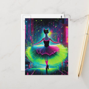 A neon ballet cat in the cyberpunk city postcard