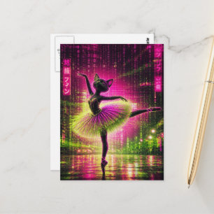 A neon ballet cat in the cyberpunk city postcard