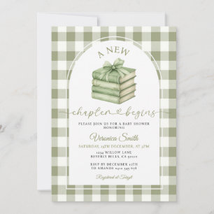 A New Chapter Begin Book Sage Gingham Baby Shower Invitation