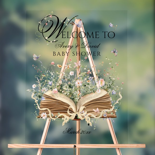 A New Chapter Begin Book Wildflower Baby Shower Acrylic Sign (Neutral)