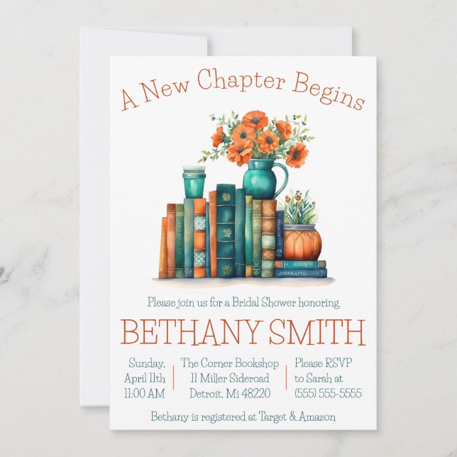 A New Chapter Begins, Book Theme Bridal Shower Invitation (Front)
