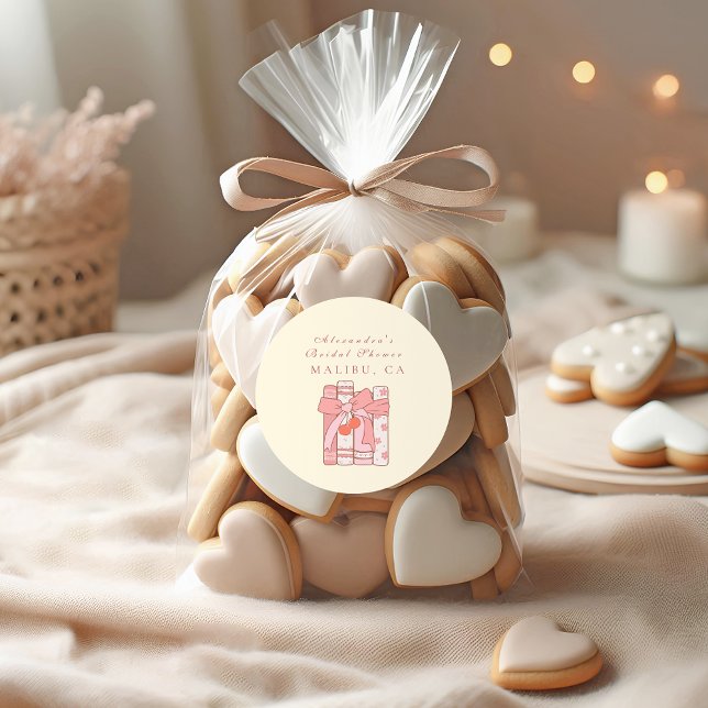 A new chapter begins cherry bow pink bridal shower classic round sticker (Creator Uploaded)