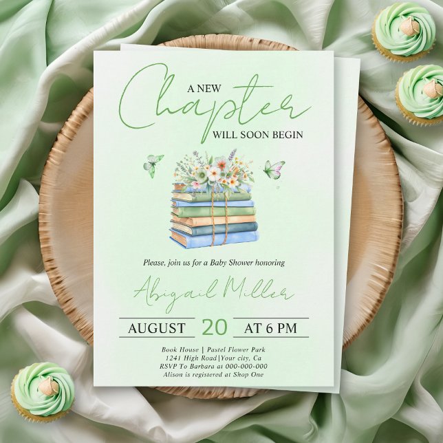 A New Chapter Begins floral book green baby shower Invitation (Creator Uploaded)