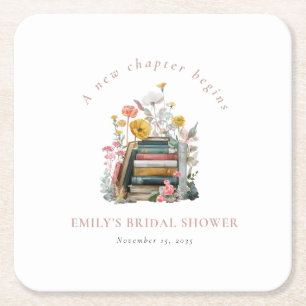 A New Chapter Begins Floral Books Bridal Shower Square Paper Coaster