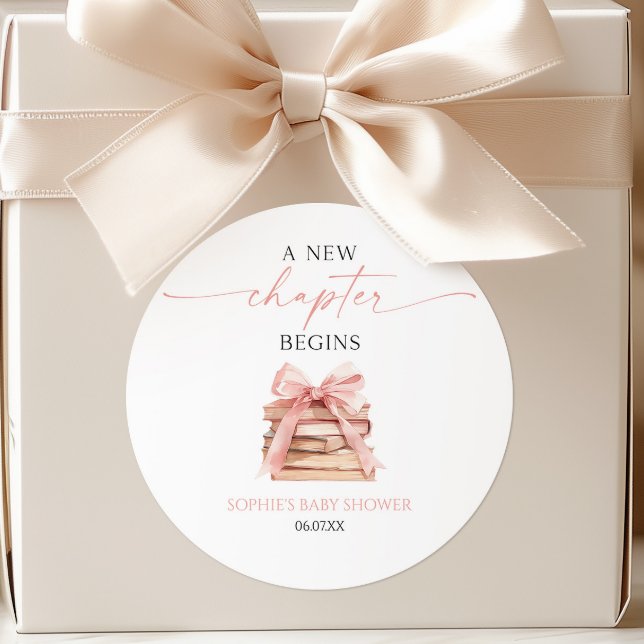 A New Chapter Begins Pink Bow Books Baby Shower Classic Round Sticker (Creator Uploaded)