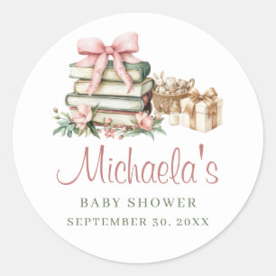 A New Chapter Begins Pink Bow Books Baby Shower Classic Round Sticker