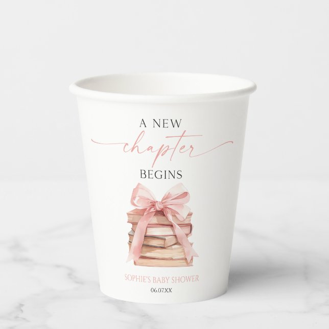 A New Chapter Begins Pink Bow Books Baby Shower Paper Cups (Front)