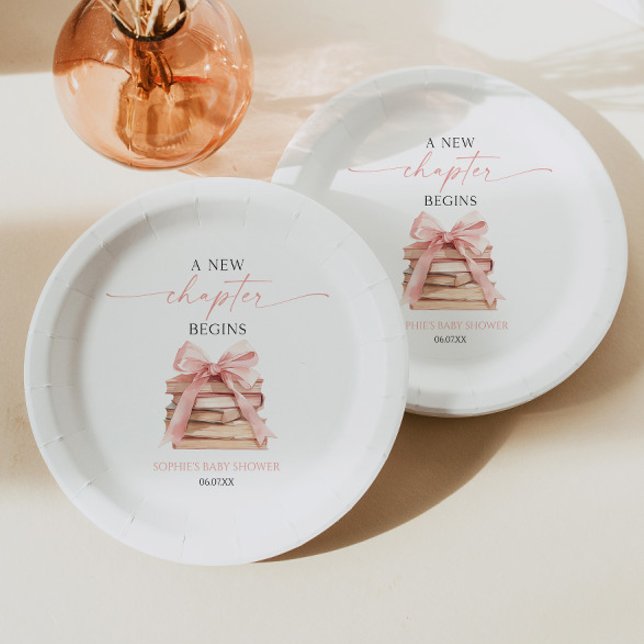 A New Chapter Begins Pink Bow Books Baby Shower Paper Plate (Creator Uploaded)