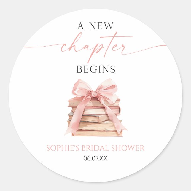 A New Chapter Begins Pink Bow Books Bridal Shower Classic Round Sticker (Front)