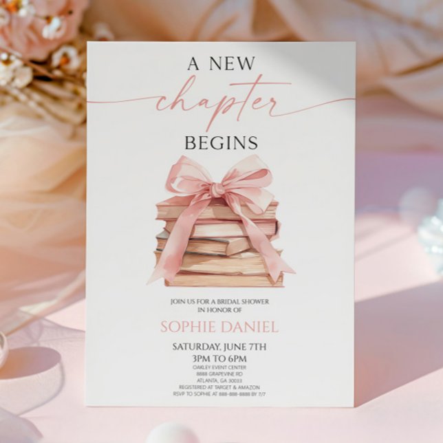 A New Chapter Begins Pink Bow Books Bridal Shower Invitation (Creator Uploaded)