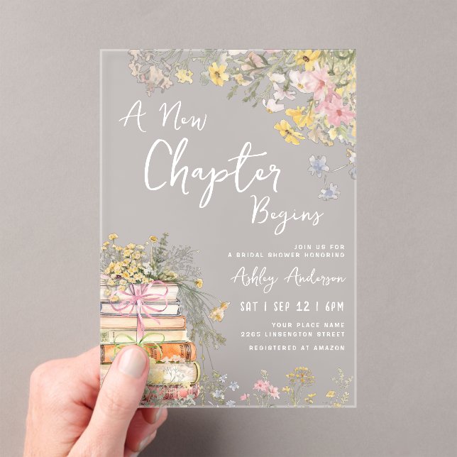 A New Chapter Begins Wildflower Bridal Shower Acrylic Invitations (Insitu (Handheld))