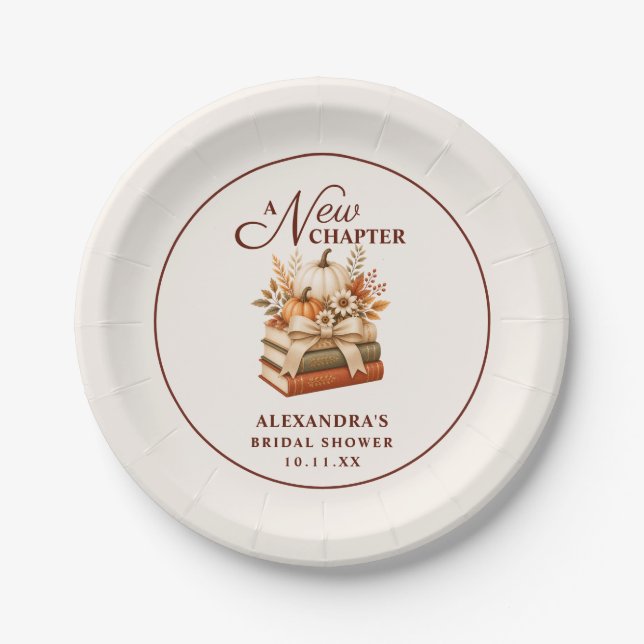 A New Chapter Fall Pumpkin Books Bridal Shower Paper Plate (Front)