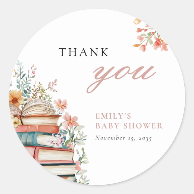 A New Chapter Floral Baby Shower Classic Round Sticker (Front)