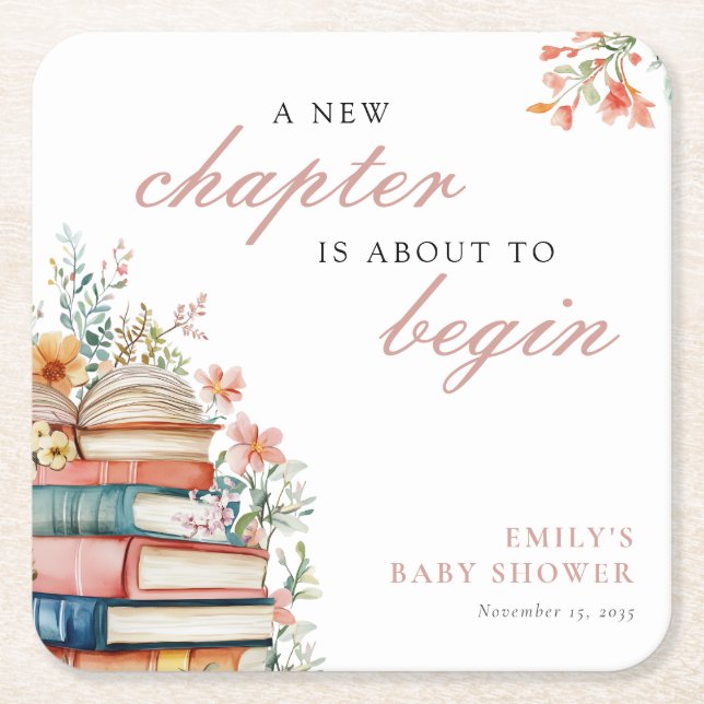 A New Chapter Floral Baby Shower Square Paper Coaster (Front)
