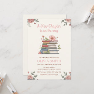 A New Chapter is On The Way, Books, Pink Flowers Invitation