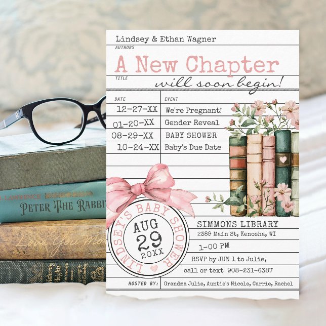 A New Chapter Library Card Books Pink Baby Shower (A New Chapter floral books wildflower pink bows library card cute modern baby girl shower invitation)