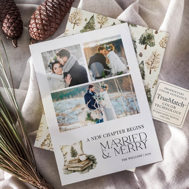 A New Chapter Married & Merry Cosy Neutral 3 Photo Holiday Card (Creator Uploaded)