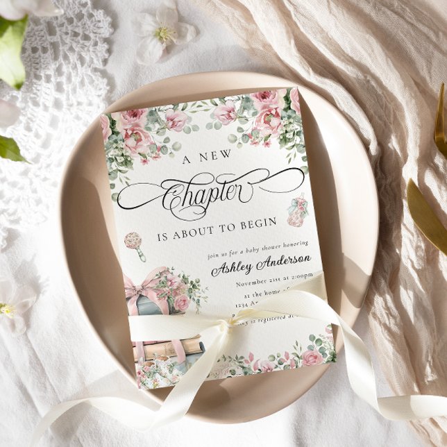 A New Chapter Pink Bow Floral Baby Shower Invitation (Creator Uploaded)