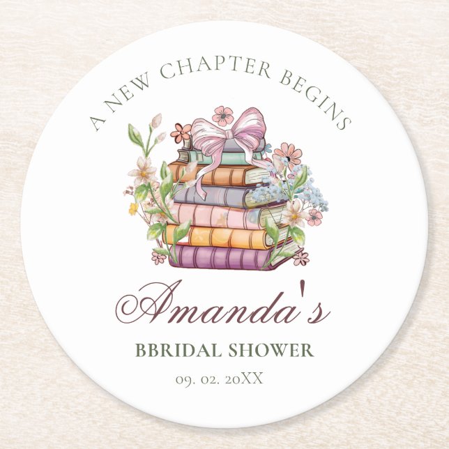A New Chapter Story Book Bridal Shower Round Paper Coaster (Front)