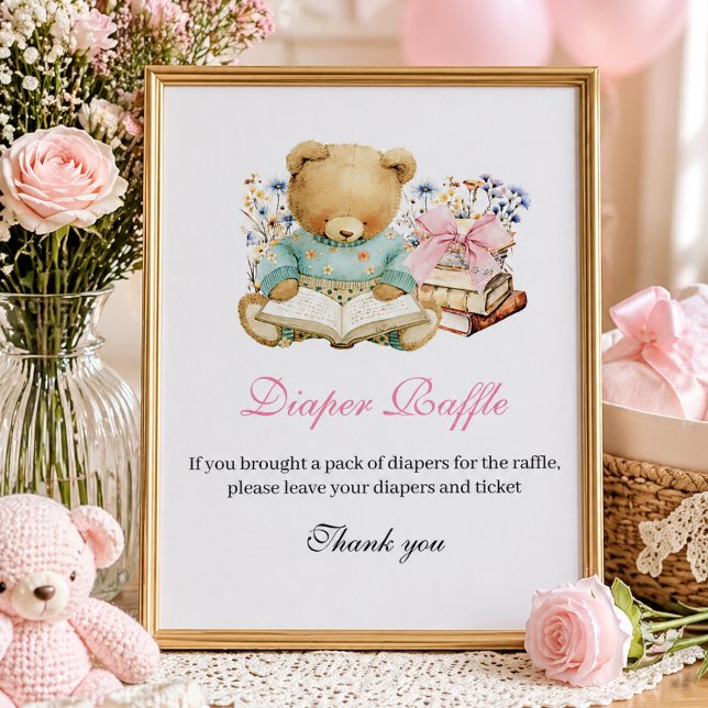 A New chapter will soon Begin Books Diaper Raffle Poster (A new chapter will soon begin baby shower girl, diaper raffle sign)