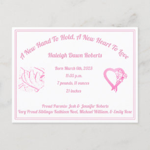 A New Hand To Hold Birth Announcement - Baby Girl Postcard