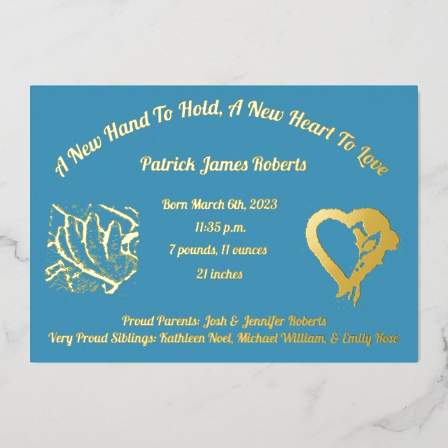 A New Hand To Hold Foil & Photo Birth Announcement (Front)