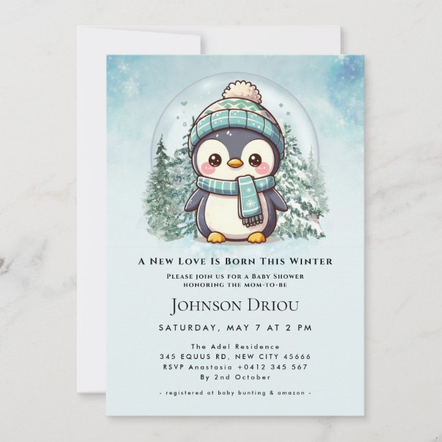 A New Love Is Born This Winter Winter Penguin Baby Invitation (Front)