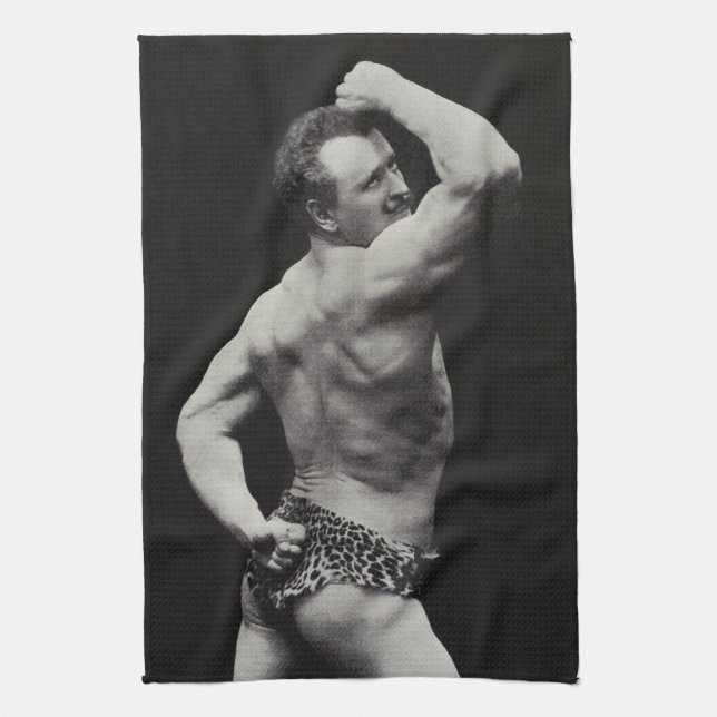 A New Pose by StrongMen Eugen Sandow Bodybuilding Tea Towel (Vertical)