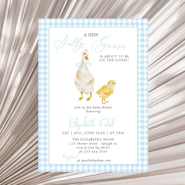 A New Silly Goose Blue Gingham Baby Shower Invitation (Creator Uploaded)