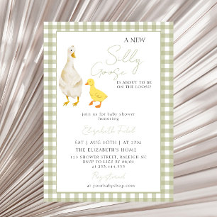 A New Silly Goose Green Gingham Baby Shower Invitation