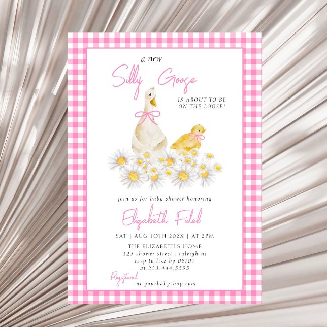 A New Silly Goose Pink Gingham Baby Shower Invitation (Creator Uploaded)