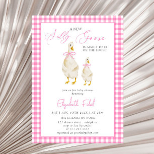 A New Silly Goose Pink Gingham Baby Shower Invitation