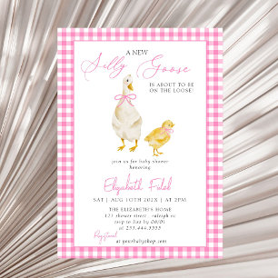 A New Silly Goose Pink Gingham Baby Shower Invitation