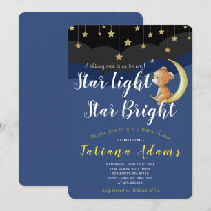 A Newborn Star Night Sky Bear On Moon Baby Shower Invitation
