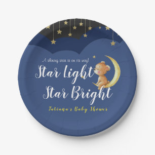 A Newborn Star Night Sky Bear On Moon Baby Shower Paper Plate