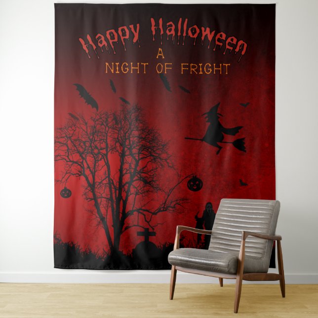 A Night of Fright Spooky Halloween Party Backdrop Tapestry (In Situ)