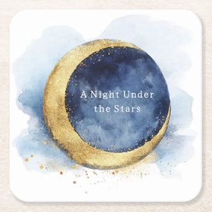 A Night Under Stars Celestial Blue Moon Wedding Square Paper Coaster