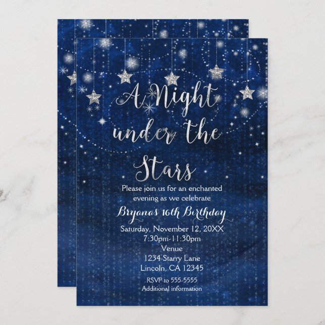 A Night under the Stars Silver & Blue Invitation (Front/Back)