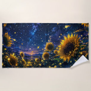 A Night with The Sunflowers and Fireflies Beach Towel