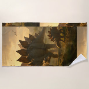 A noble adult Stegosaurus gently guiding its young Beach Towel