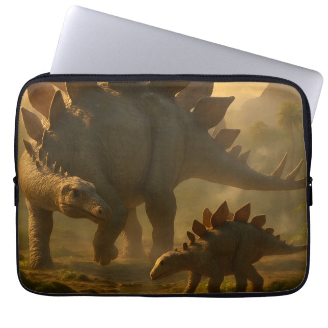 A noble adult Stegosaurus gently guiding its young Laptop Sleeve (Front)