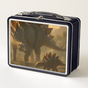 A noble adult Stegosaurus gently guiding its young Metal Lunch Box
