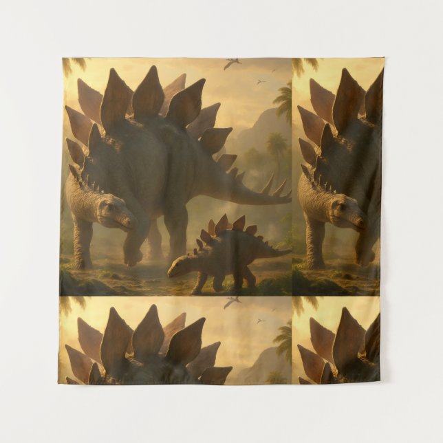 A noble adult Stegosaurus gently guiding its young Tapestry (Front)