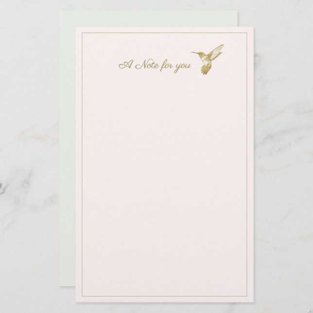 A Note For You Gold Glimmer Hummingbird Stationery (Front/Back)