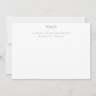 A Note From the Bride Sage Green Vintage Bow  Thank You Card