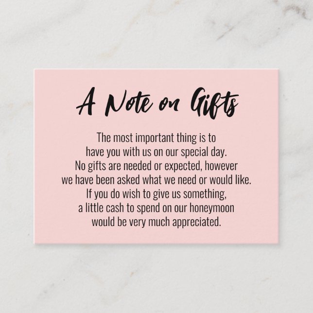 A Note on Gifts Casual Handwriting Wedding, Pink Enclosure Card (Front)