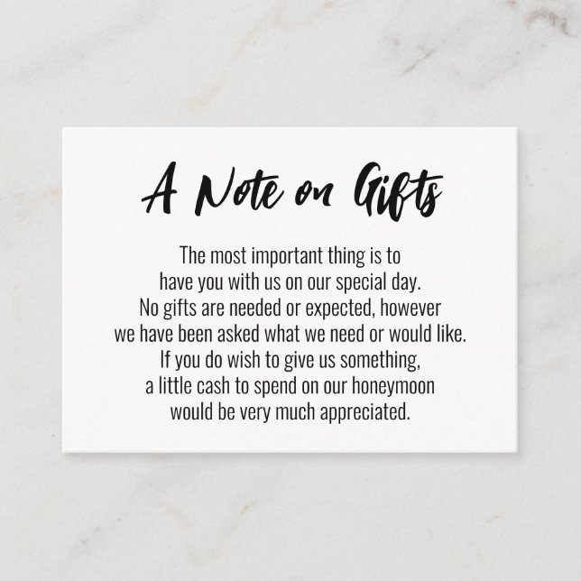 A Note on Gifts Casual Handwriting Wedding, White Enclosure Card (Front)