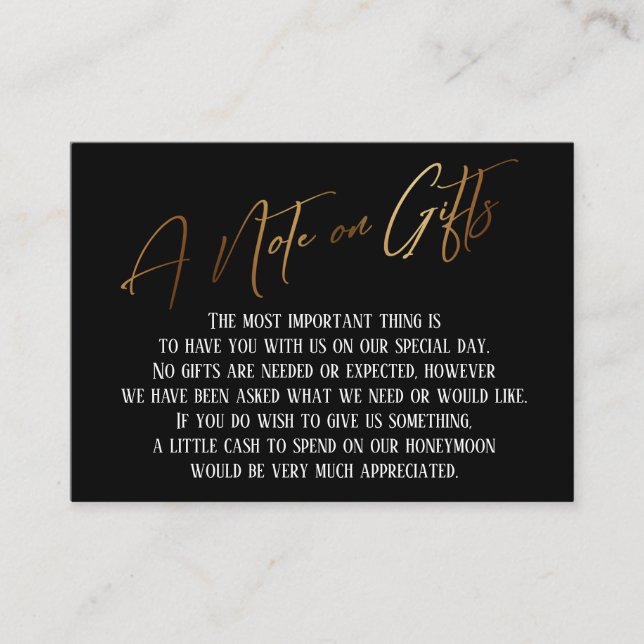 A Note on Gifts Gold Modern Handwriting Wedding Enclosure Card (Front)