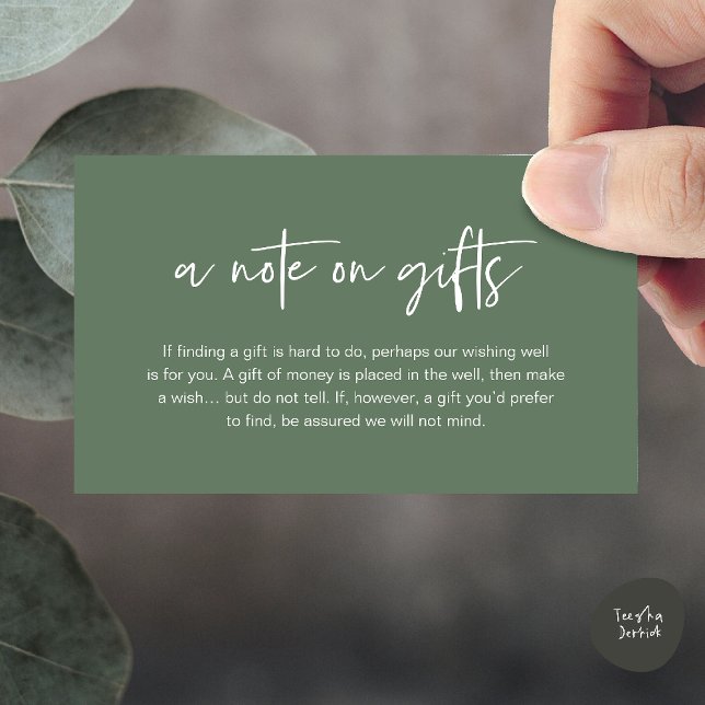 A note on gifts, Honeymoon Wish Fund Cash Enclosure Card (A note on gifts, Honeymoon Wish Fund Cash Enclosure Card in Sage Green)